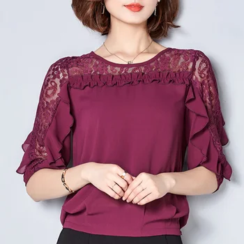 

Butterfly Sleeve Lady Fashion Chiffon Blouses Plus Size M-3XL Lace Patchwork Design Solid Color Women Pink Shirts