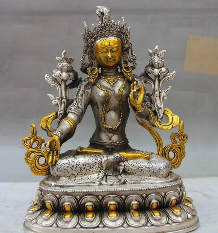 

Fast shipping USPS to USA S2672 Tibet Temple White Copper Silver Statue White Tara Guanyin Kwan-yin Bodhisattva
