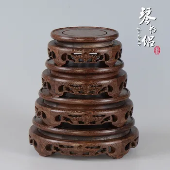 

Wood carving wood bat wings circular base ornaments mahogany pedestal base shelf vase teapot bonsai