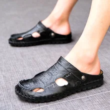 Стильные мужские Летние кожаные сандалии; повседневные шлепанцы; удобная дышащая мужская пляжная обувь для отдыха; размеры 38-44