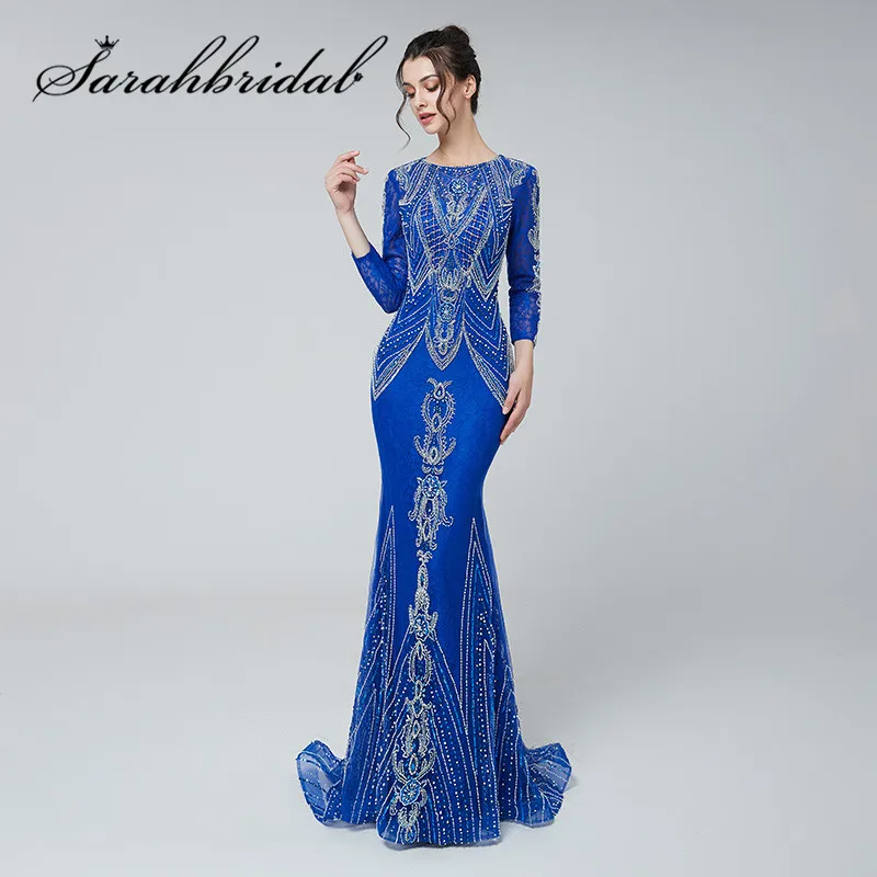 

Elegant Three Quarter Celebrity Dresses High Quality Luxury Mermaid Crystal Beading Beaded O-neck Zipper Floor Length CC485