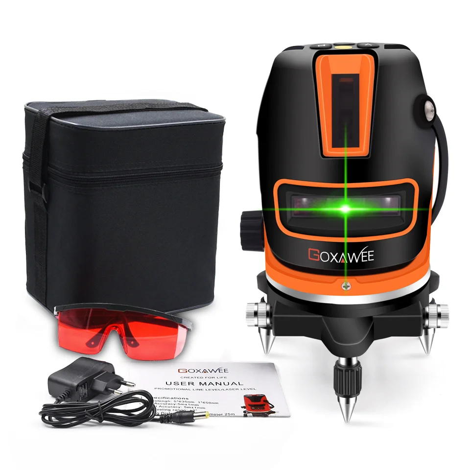 

GOXAWEE 360 Degree Laser Level 5 Lines 6 Points Rotary Cross Line Self-Levelling Measuring Laser Outdoor Mode Construction Tools