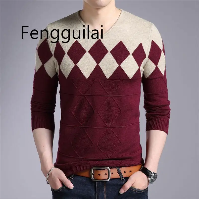 

Cashmere Wool Sweater Men 2019 Autumn Winter Slim Fit Pullovers Men Argyle Pattern V-Neck Pull Homme Christmas Sweaters