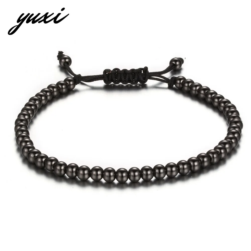 

YUXI Simple 4mm Copper Beads Bracelet Men Jewelry 4 Color Beaded Chain Wrap Strand Bracelets Male Hand Accessories Bijoux Homme