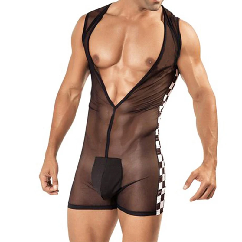 Men Underwear Sexy Racer Costume Sheer Romper Outfit Opaque Pouch