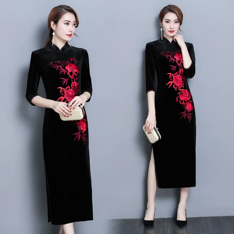 

Chinese Traditional Dress Black Cheongsam Qipao Embroidery Velour Evening Dress Ao Dai Vietnam Feast Sexy Oriental Dress TA1250