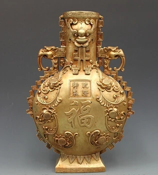 

xd 003249 China Imperial family pure bronze Gilt blessing longevity flat bottle Pot Vase