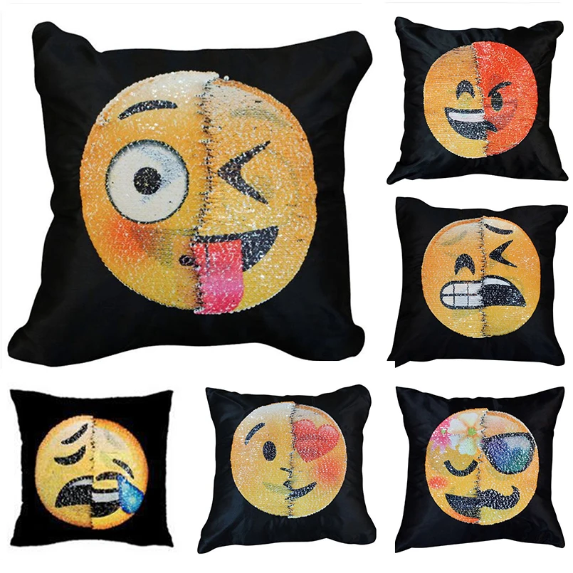 Cute Emoji Emoticon Cushion Cover Sequin Throw Pillows Covers Home