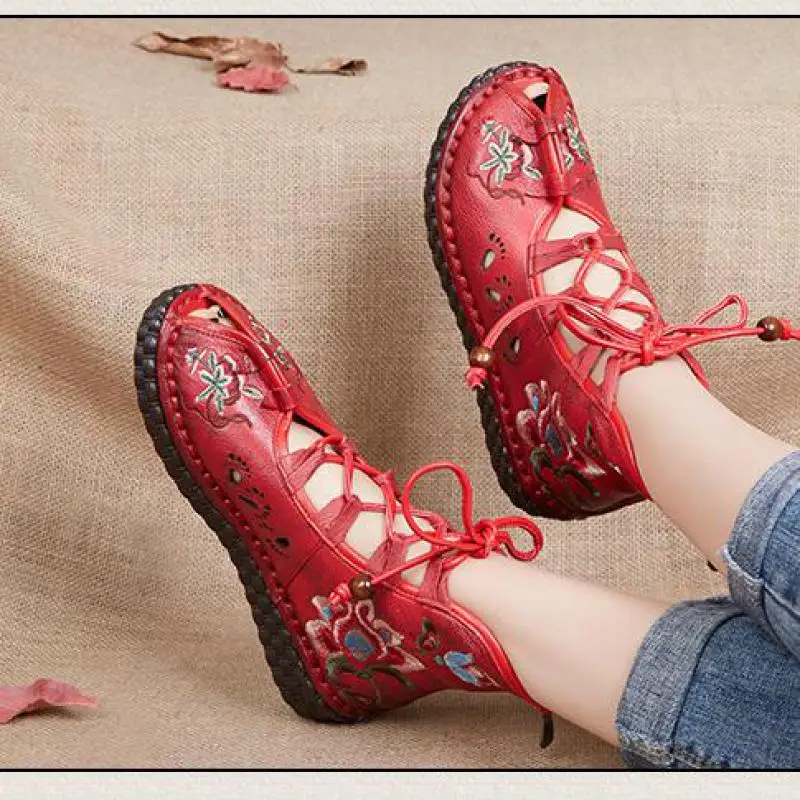 Johnature New Retro Genuine Leather Embroidery Floral Hollow Lace-up Cover Heel Casual Open Toe Shoes Women Flat Sandals
