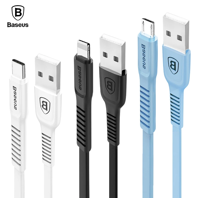 Flat USB Cable, Baseus Mobile Phone Cable For iPhone 2A Charging Data Micro USB Type C Cable For Samsung Xiaomi Android Charger