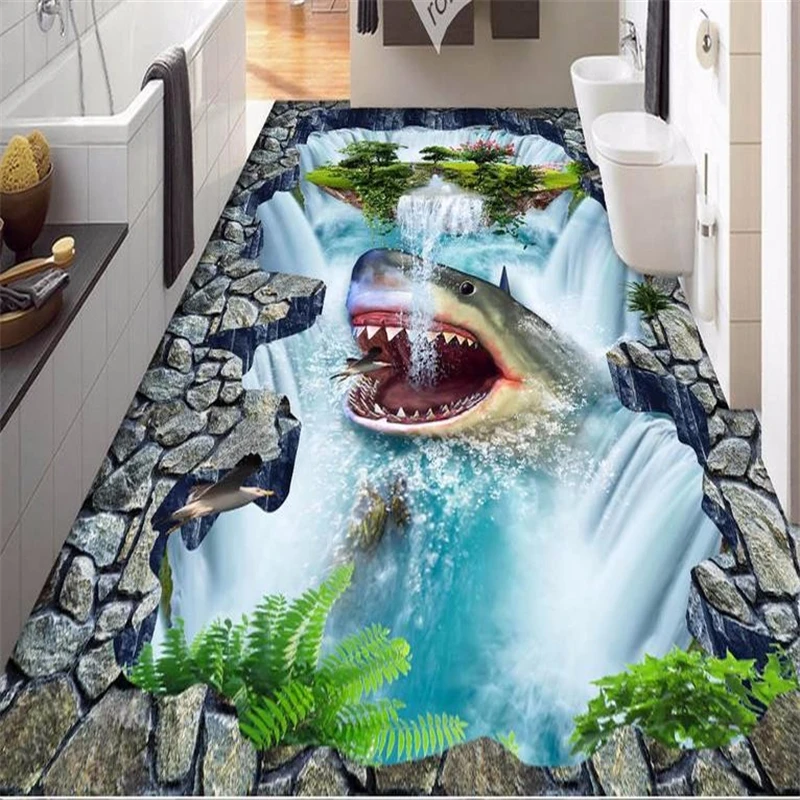 

beibehang 3d wall panel 3d flooring self-adhesive wallpaper Shark Falls 3d floor tiles kitchen waterproof wallpaper for bathroom