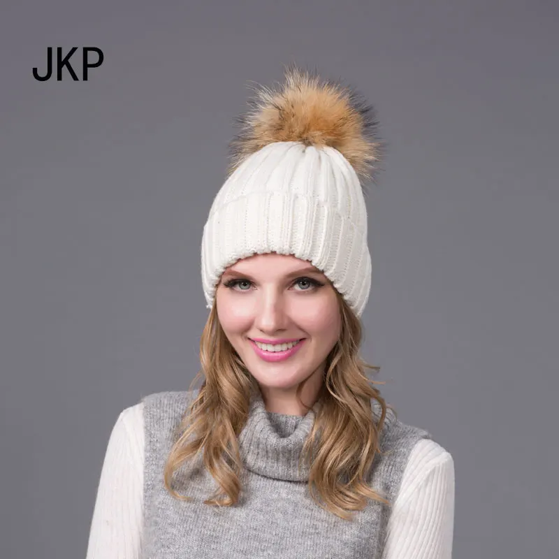 Women's beanies hat with raccoon fur pom poms winter hats unisex