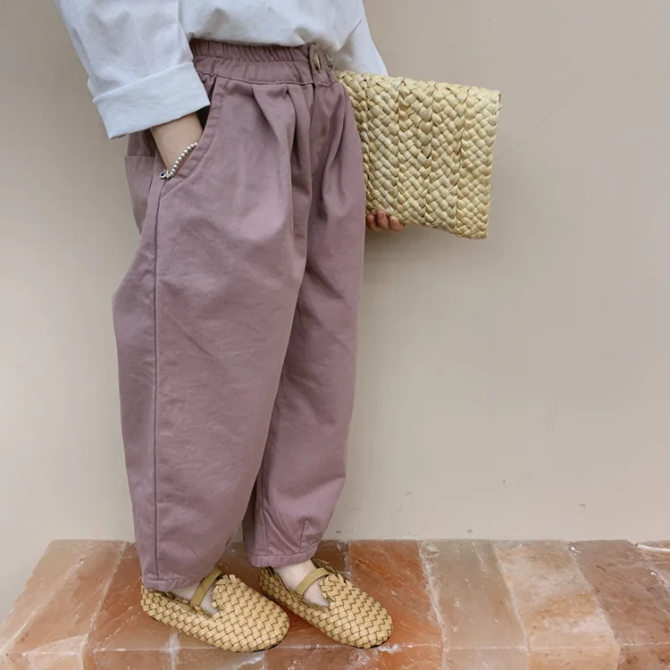 

Spring Autumn fashion girls solid color casual Turnip pantskids pure cotton loose trousers 1-6Y