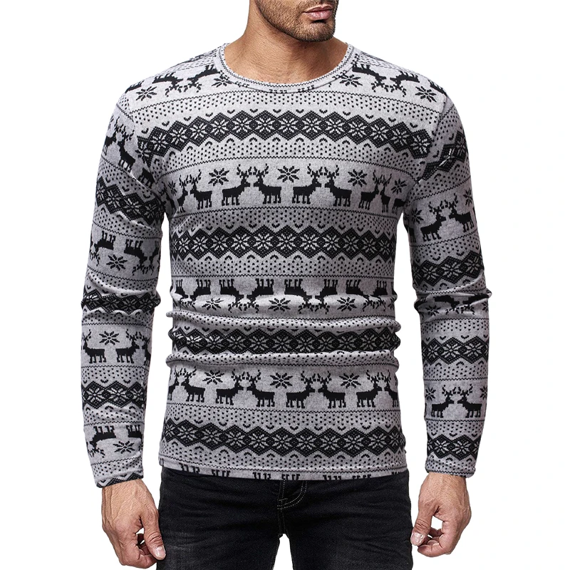 HEFLASHOR Classic Christmas Print Sweater Men Fashion O Neck Long Sleeve Pullover Men Casual Striped Pull Homme Knitted Sweaters - Цвет: Gray