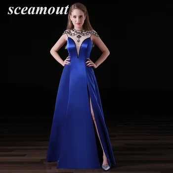 

Mermiad Long Evening Dresses 2017 Sexy V-Neck Satin With Button High Side Split Formal Dress Evening Party Gowns Cheap New Robe