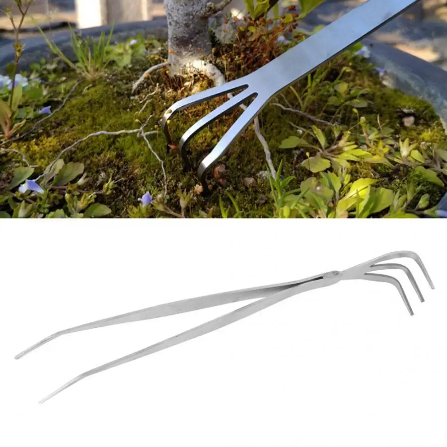 2-in-1 Stainless Steel Root Rake Bonsai Tweezers Soil Farming Tool with Ergonomical Handle Bonsai Root Rake