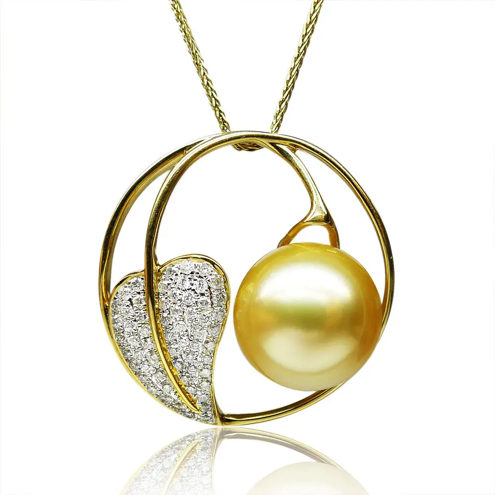 

free shipping 12.5MM AAA Golden Real South Sea Pearl Pendant 18 Solid Yellow Gold
