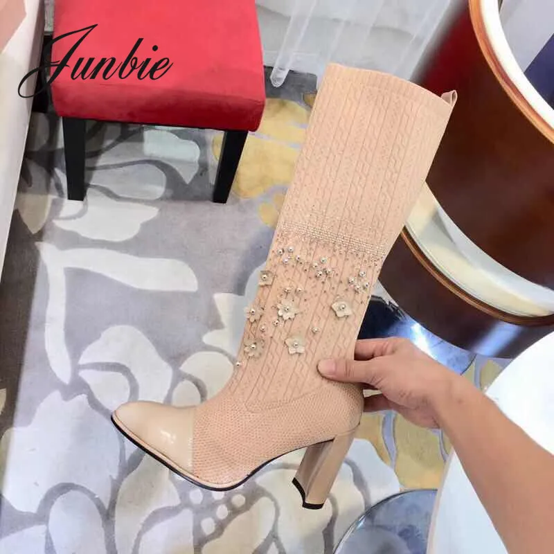 

JUNBIE New Beige Brand Designer Stretch Fabric Women Boots Pointed Toe Floral Deco Women Mid Calf Autumn Winter Boots Shoes