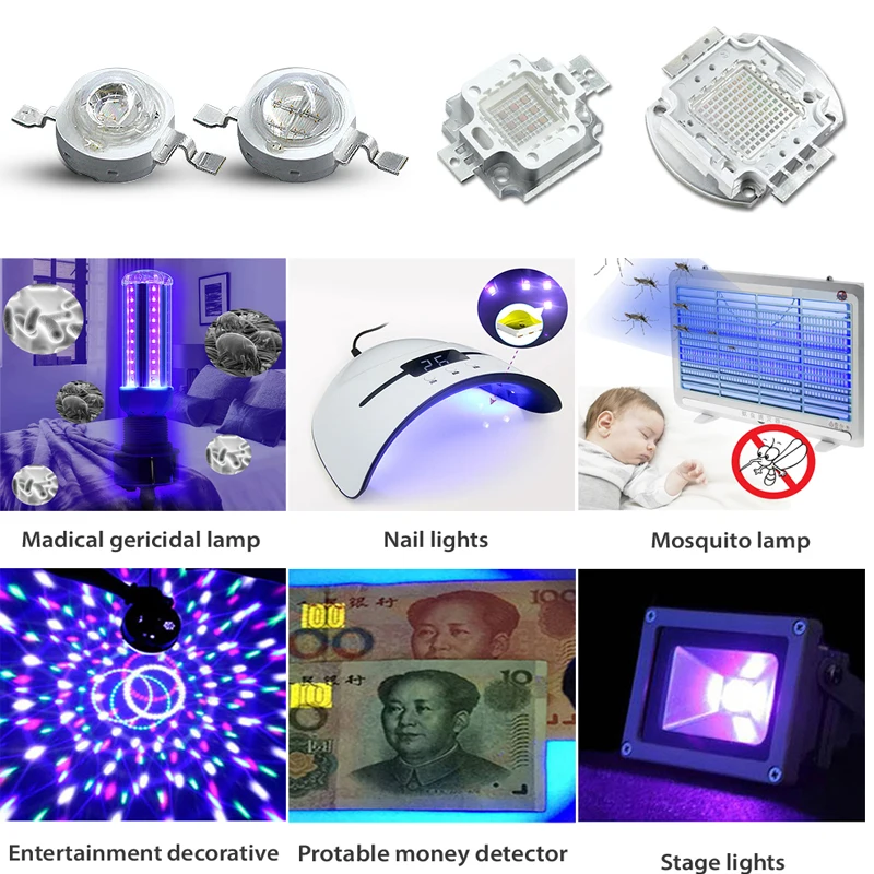 Tiaochongyi УФ-лиловые туфли высокого Мощность светодиодный чип 360Nm 375Nm 385Nm 395Nm 405Nm UVA/UVB и освещения светодиодных шариков 3 5 10 20 30 50 100 ватт