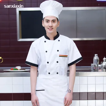 

Double-breasted hotel Kitchen Chef Jacket high quality Short sleeved unisex restaurant uniforms shirts work clothes men 3-colors