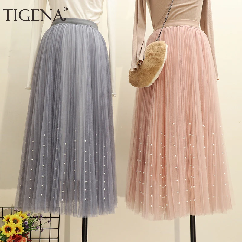 

TIGENA 3 Layers Fashion Women Long Skirt Tulle with Beading 2019 Summer Korean High Waist Pleated Skirt Female Pink White Skirt