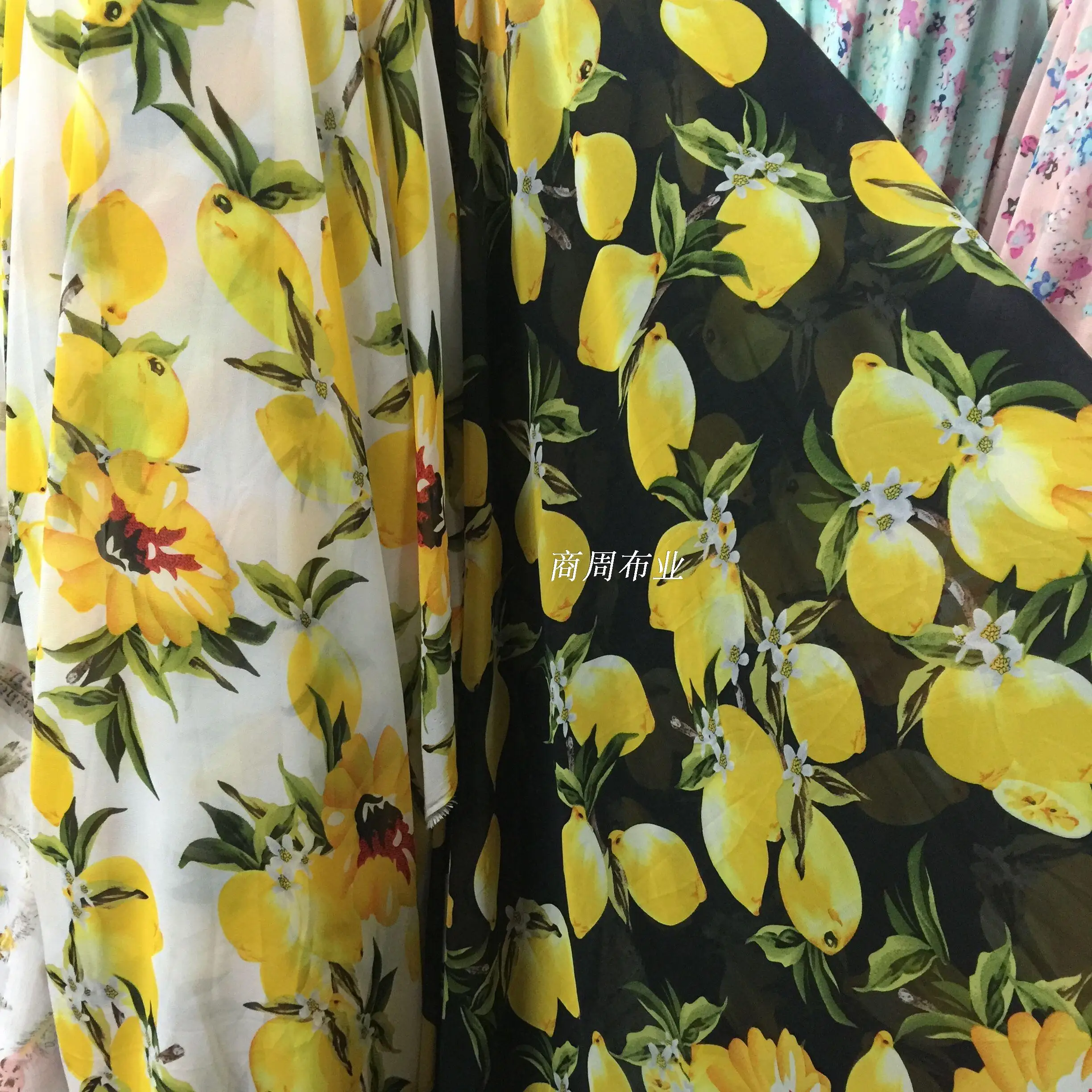 

3 color printed lemon Branches and leaves printed chiffon f fabric Bohemia resort long dress clothing material