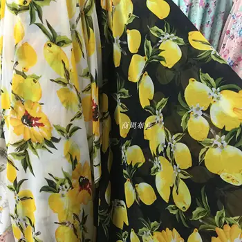 

3 color printed lemon Branches and leaves printed chiffon f fabric Bohemia resort long dress clothing material
