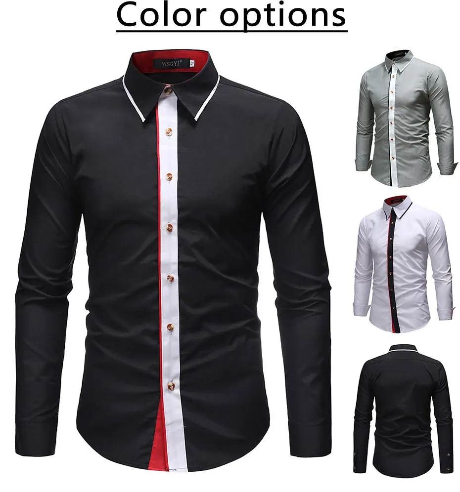С длинным рукавом Роскошные повседневные Slim Fit Мужчины Весна Осень особенности мужские Длинные Топы Turn-Down воротник сплошной цвет Гавайская Повседневная рубашка