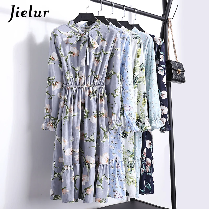 

Jielur Elegant Chic Bowtie Floral Dress Women Long Sleeve Chiffon Dress Korean Fashion S-XL Fresh Robe Femme 2019 Spring Autumn