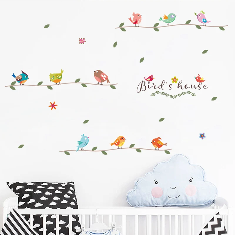 Colorful Birds Branch Wall Stickers For Kids Rooms Home Decor Living Rooms Cartoon Animals Wall Decals PVC Mural Art DIY Poster