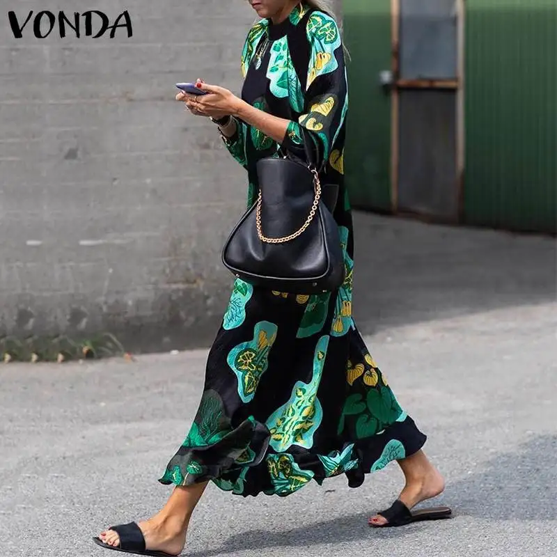 VONDA осенне-весеннее Длинное Макси Платье женское винтажное цветочное с длинным рукавом свободное пляжное платье повседневное Vestidos плюс размер
