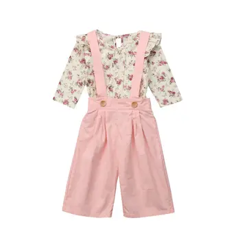 

Flower Kids Baby Girl Cloting Set Children Clothes Floral Ruffle T shirts Bib Strap Pants Outfits Vintage Girl Costumes DNOV
