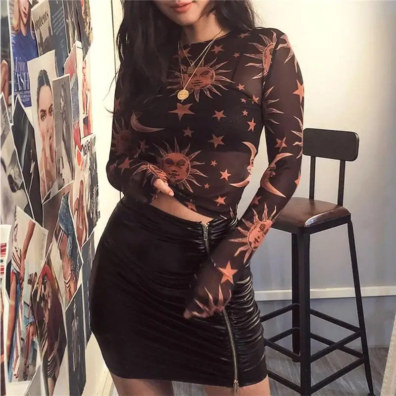 

2019 Fashion Printed Transparent Mesh Sexy T-Shirt Women O-Neck Long Sleeve Slim New Design Casual Girl Tops