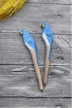 

5-100 pcs Promotional high quality wood craft blue bird ballpoint pen basswood bird gift pen handmade carved colored pen