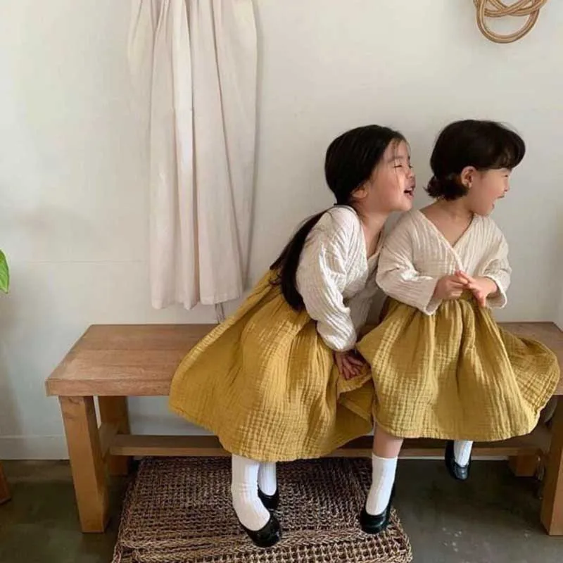 Платье для маленьких девочек в японском и корейском стиле льняное платье с оборками платье с длинными рукавами для маленьких девочек брендовая хлопковая осенняя одежда принцессы - Цвет: Khaki  Yellow