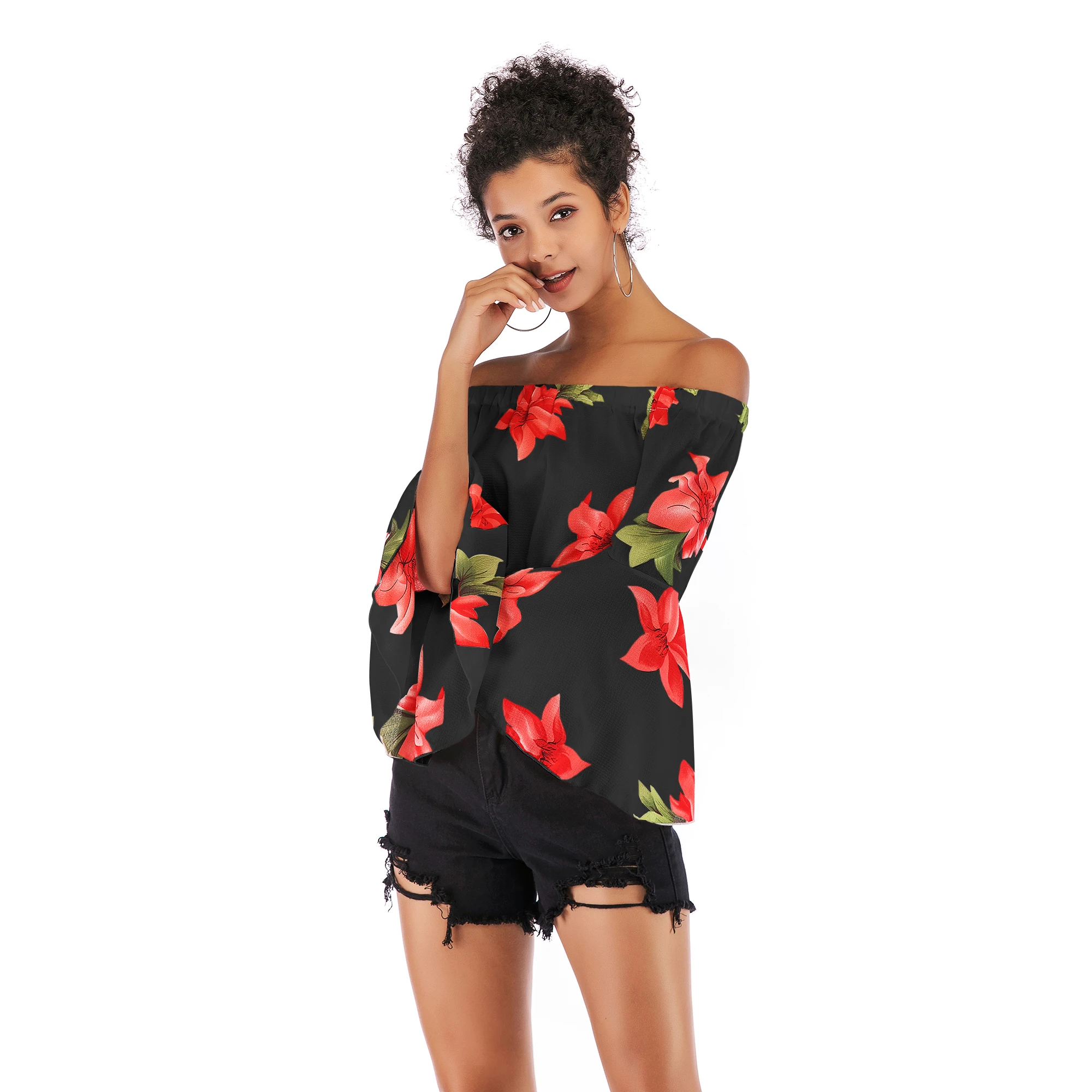 VZFF Ladies Print Leopard Printed Word Collar Sexy Off-Shoulder Chiffon Shirt Fashion Trumpet Sleeve Print Tops Women