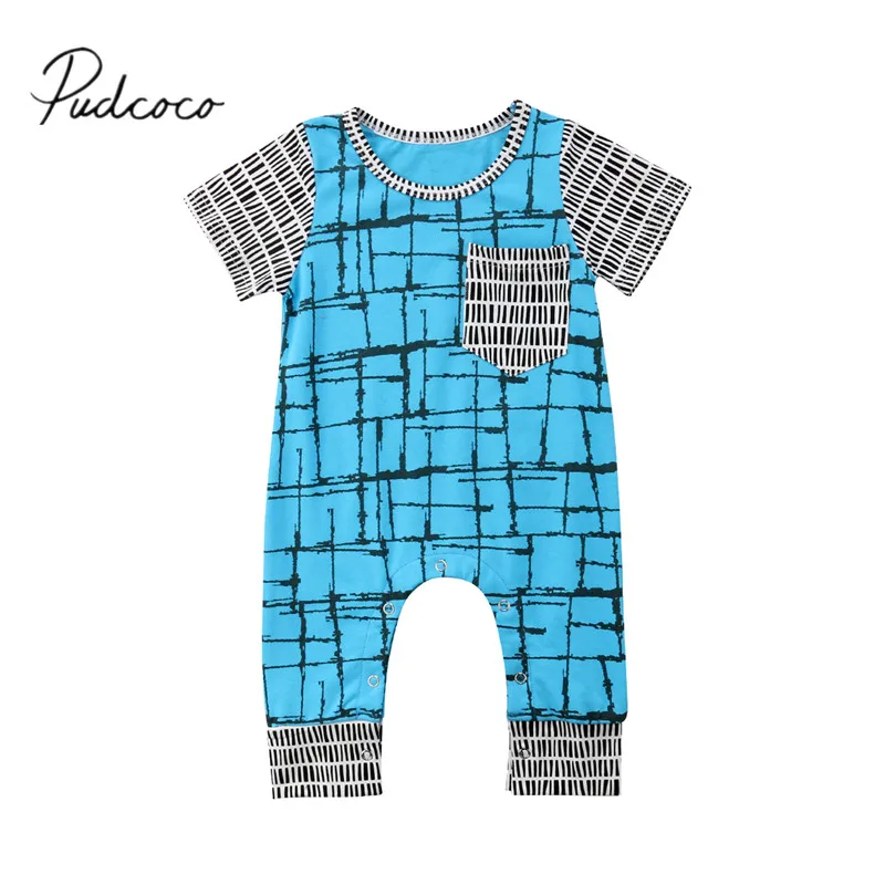 

2018 Brand New Newborn Infant Baby Girls Boys Summer Pocket Romper 0-24M Short Sleeve Geometric Blue Jumpsuit Patchwork Playsuit