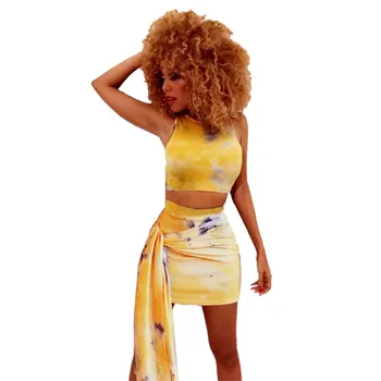 

Fashion Women Lace Up Sleeveless Bandage Two Piece Set Belt O Neck Tank Sexy Crop Top And Mini Skirts