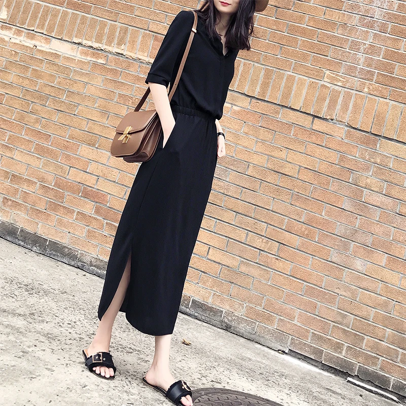 

2019 spring and summer new fat MM large size women's black split long dress temperament waist slim dress female
