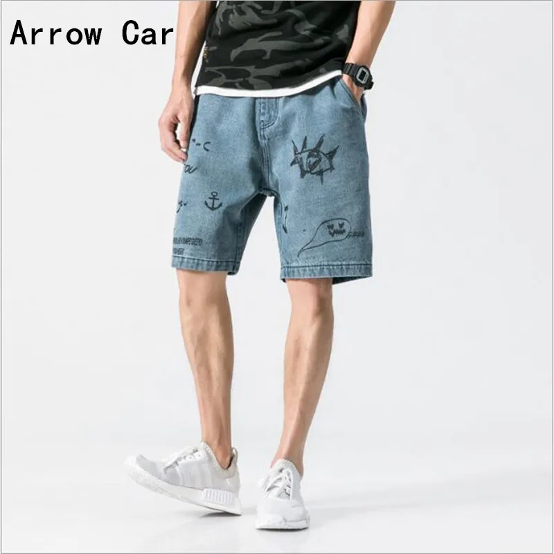 Летние японские уличные Ретро потертые джинсовые шорты Tide Мужские Индивидуальные граффити Печать Короткие джинсы повседневные мужские шорты