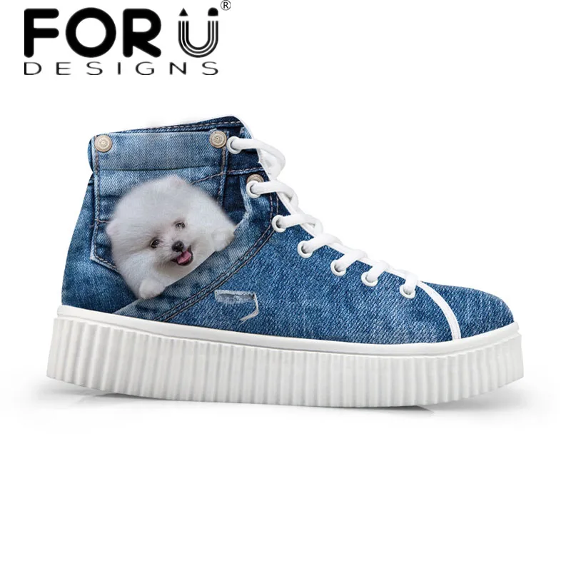 

FORUDESIGNS Kawaii 3D Animal Pomeranian Pattern Women High Top Casual Shoes Flats Female Autumn Cowboy Fashion Platform Shoes