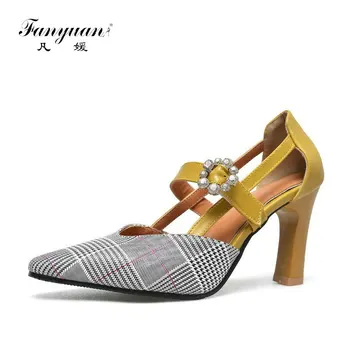 

fanyuan houndstooth sweet lady summer shoes thin high heels slingback mint mustard color woman sandals sandalia feminina