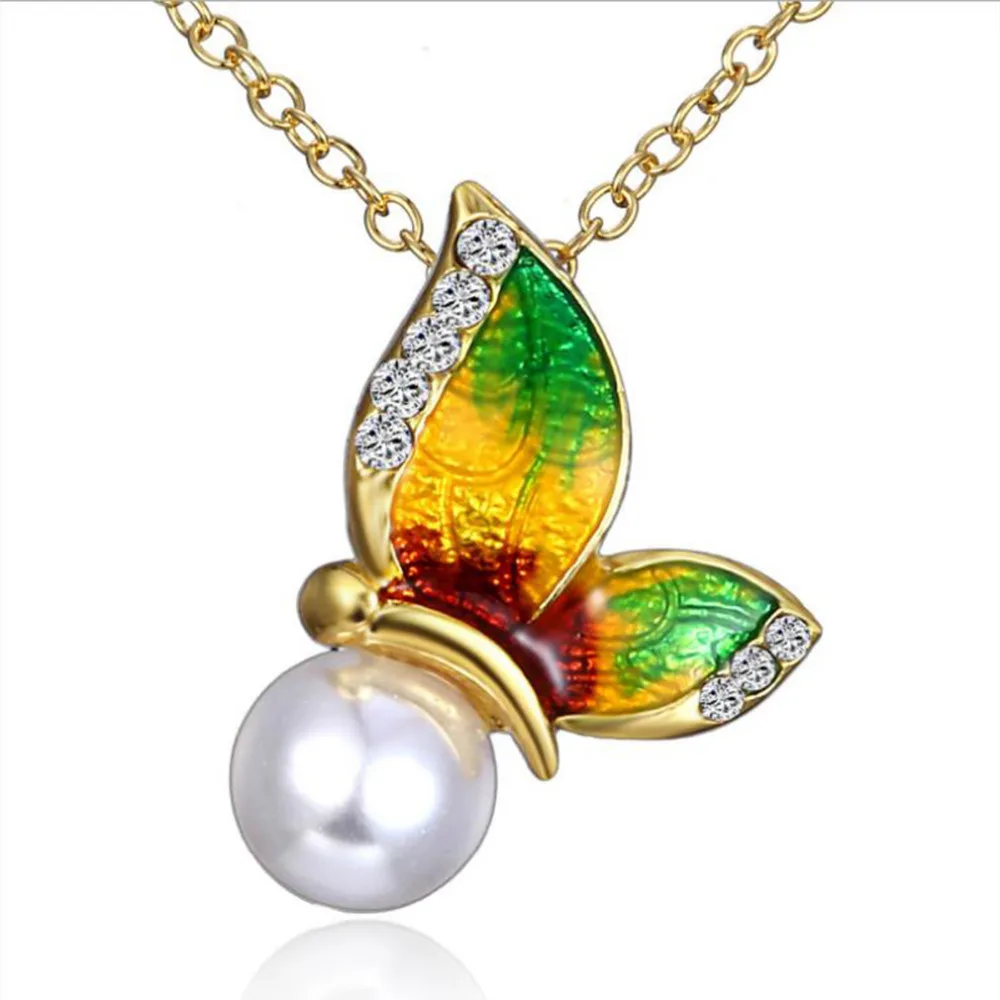 

8SEASONS Acrylic Necklace Gold Color Butterfly Animal Clear Rhinestone Imitation Pearl Enamel 44cm(17 3/8") long, 1 Piece