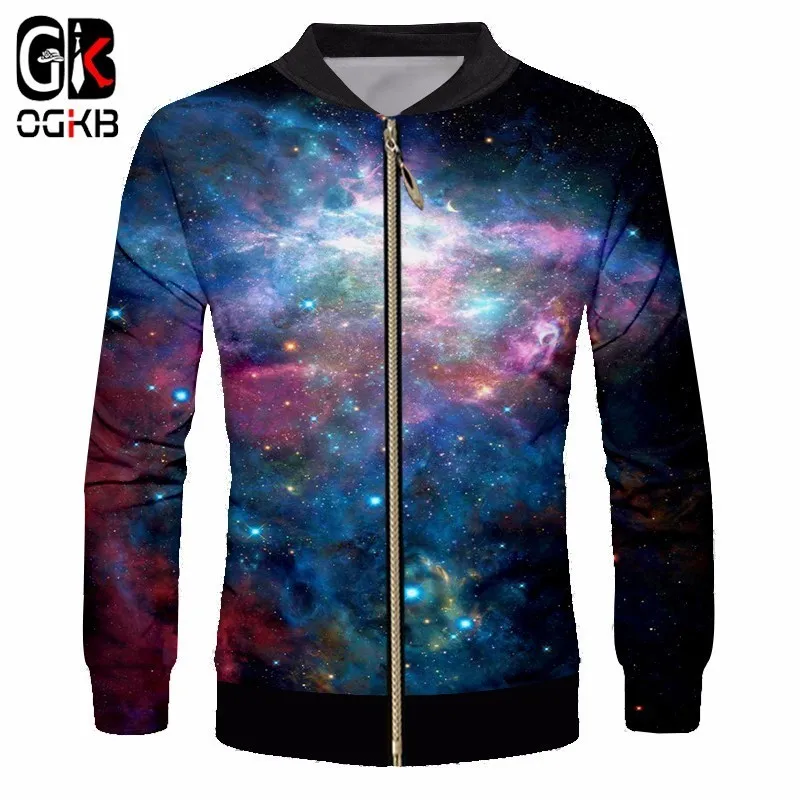 

OGKB 2018 Spring Autumn Fashion Jacket Men's Stand Collar Casual Jackets Print Galaxy Space 3D Male Coat Man Coat Outwear Couple