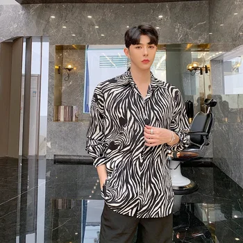

Male High Street Hip Hop Loose Shirt Beach Party Dress Shirt Men Zebra Pattern Casual Long Sleeve Shirt