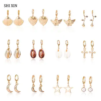 

SHIXIN Small Bohemian Earrings Gold/Silver Color Fashion Heart/Rose/Moon/Star/Cross/Shell Earring for Women Drop Earring Jewelry