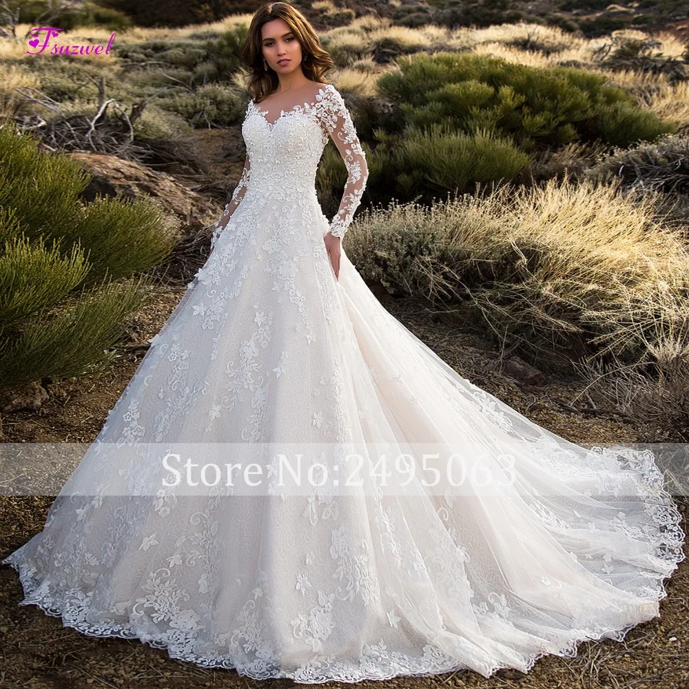 Glamorous Court Train Appliques Lace A-Line Wedding Dress 2022 Sexy Scoop Neck Flowers Long Sleeve Princess Bride Gown Plus Size wedding dresses