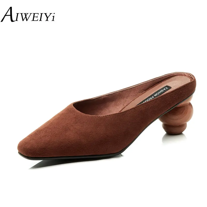 

AIWEIYi Suede Leather Woman Sandals Black Brown Strange Style High Heels Sandals Closed Toe Non-Slip Ladies Sandals