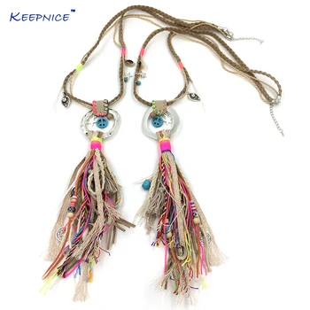 

New Handmade Bohemia Jewelry Leather Tassel Pendents Unique Boho Long Necklaces Leather Woven Chain Necklace