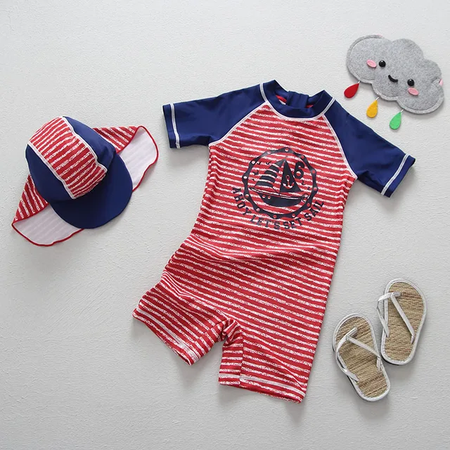 Special Price Children's Swimwear Boys Two Pieces Swimsuits Separate Bathing Suits Short Sleeve Red Stripes Kids Swimming Suit Beach Sunsuit